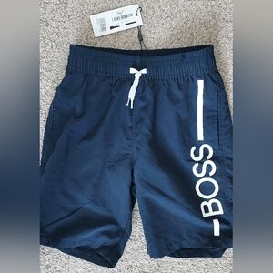 Boss Navy Blue Boys 12 XS Swim Shorts Bathing Suit Spellout New